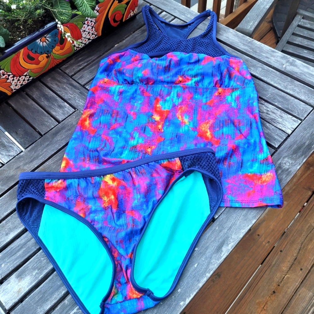 TITLE NINE Women's Jane Bond Tankini Swim Suit Marble/Blueberry Multi Mediu